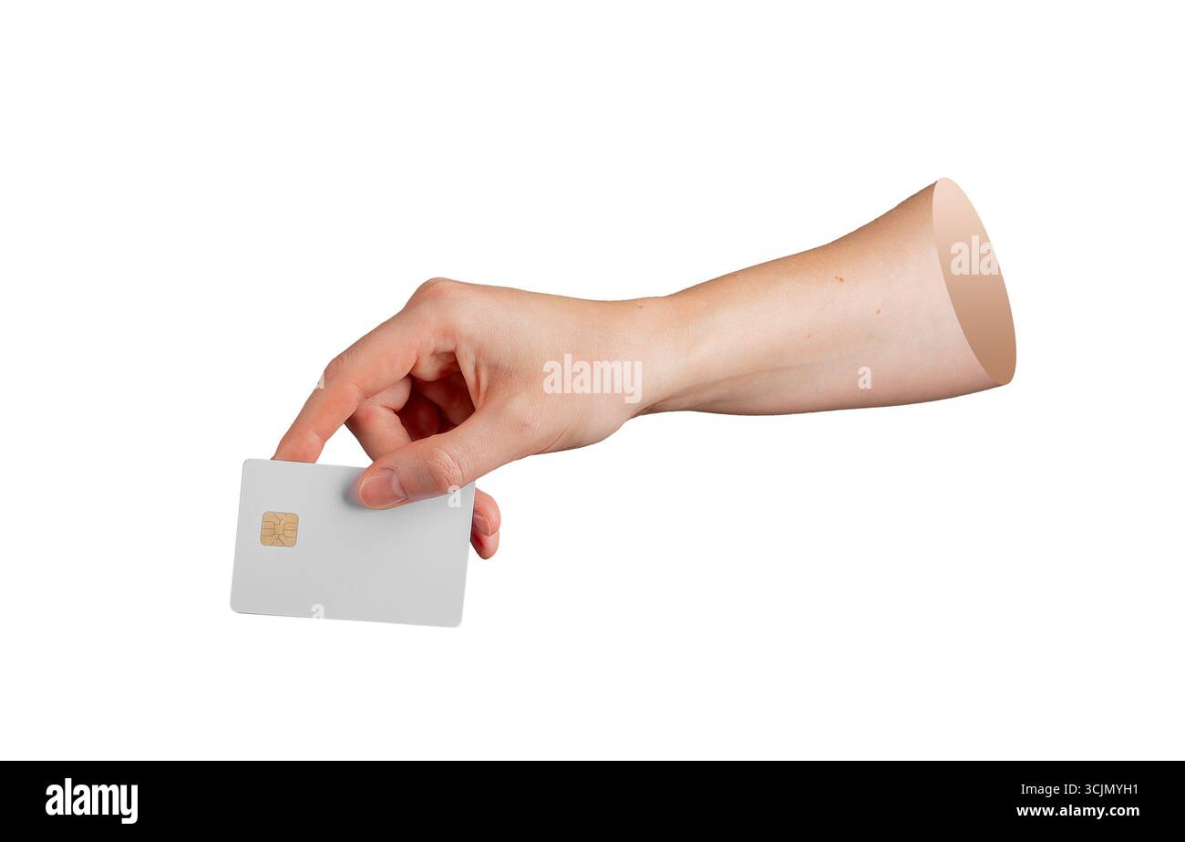 Nahaufnahme einer Person, die eine Kreditkarte mit Mikrochip greift, minimaler Stil isoliert Stockfoto