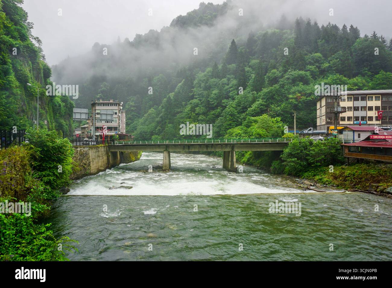 Atemberaubender Wald- und Flussblick auf die Schwarzmeerregion Karadeniz im Norden der Türkei Camlihemsin Cat Village in Rize Türkei Stockfoto