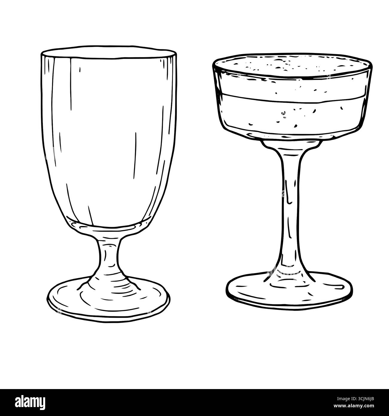 Eleganter Cocktail, Martini- oder Likörgläser, Schwarzweiß-Skizze. Vektorabbildung. Ein Geschirr für eine Bar oder einen Nachtclub, isoliert auf einem Wi Stock Vektor