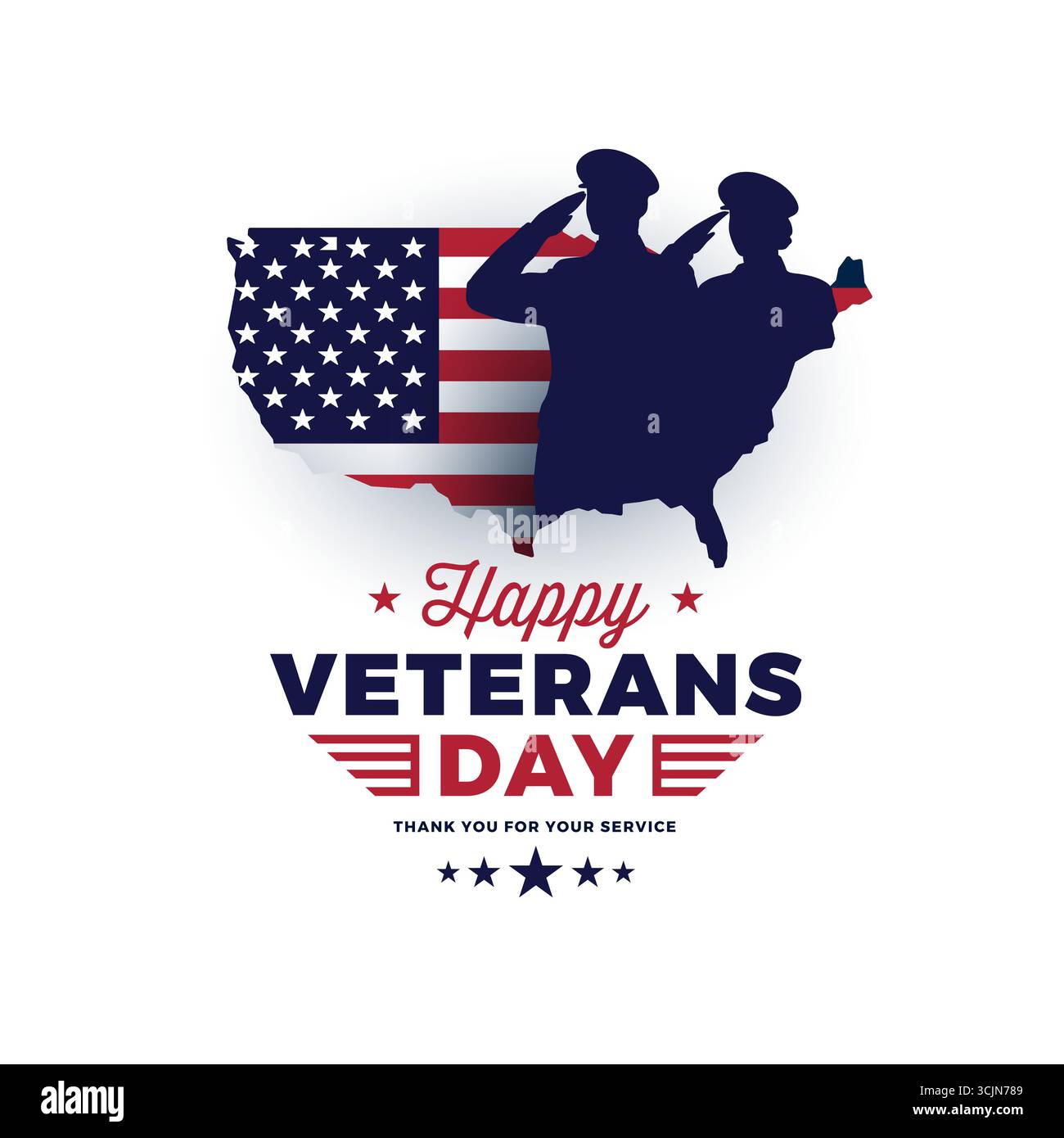 Grafik zum Happy Veterans Day mit anregenden Offizieren Mann und Frau, USA-Flagge und -Karte, Typografie Vielen Dank für Ihre Dienste - isoliert auf weißem Hintergrund Stock Vektor