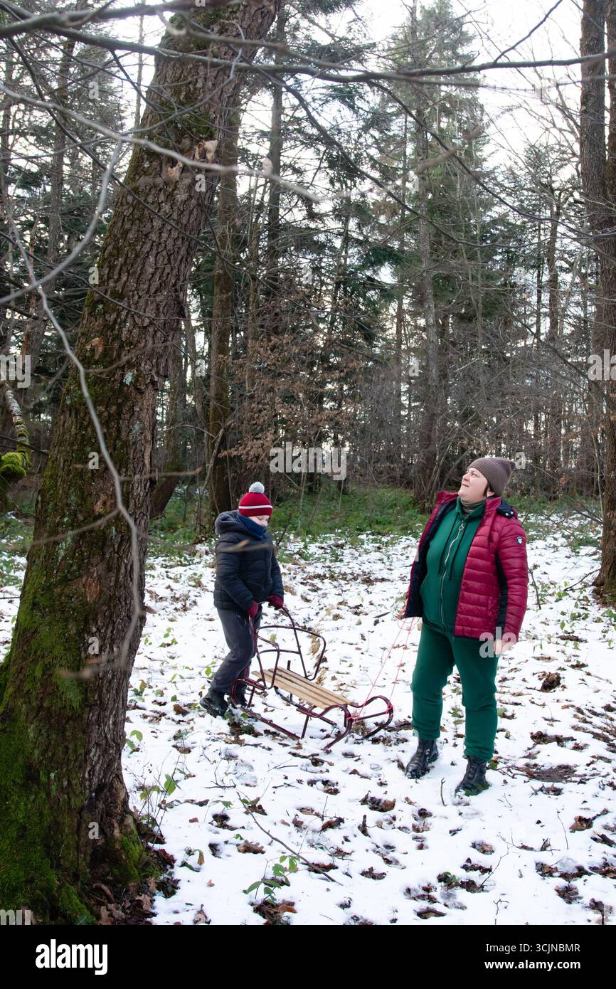 Ein Kind und ein Erwachsener genießen einen verschneiten Wintertag im Wald. Das Kind zieht einen alten Holzschlitten durch den leicht verschneiten Waldboden. Stockfoto