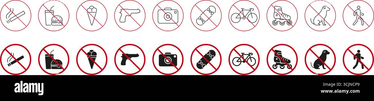 Symbol Für Keine Eintrittsverbotsschilder Gesetzt. Rauchen, Lebensmittel, Fotografie, Waffen, Skateboarding, Begrenzungssymbole für Radfahren und Rollerblading. Öffentlicher Bereich Stock Vektor