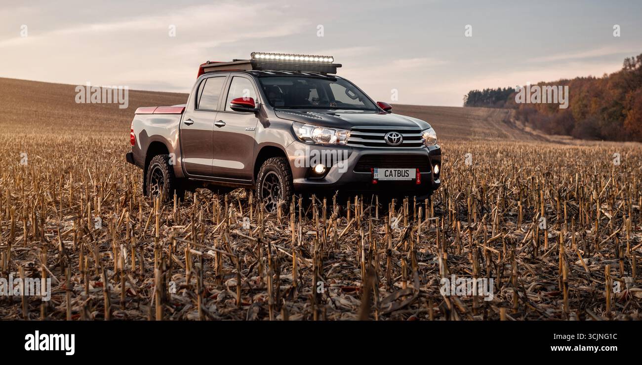 Toyota Hilux auf Trockenfeld nach der Ernte. Dreiviertel-Rückansicht eines Pickup-Fahrzeugs mit Doppelkabine mit Dachträger und Lichtleiste auf einem ernteten Feld. Stockfoto