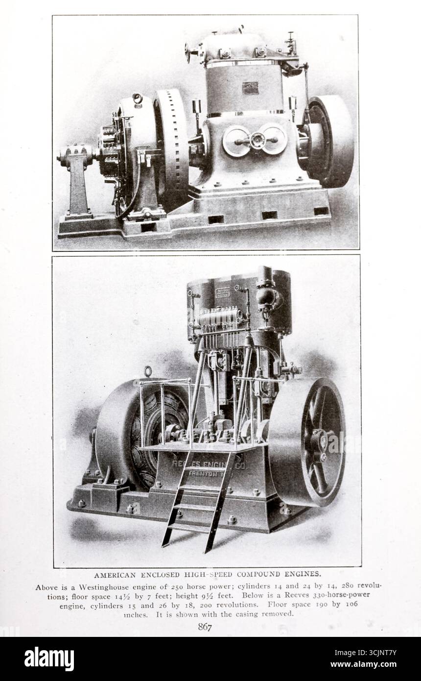 AMERIKANISCHE, GEKAPSELTE COMPOUND-MOTOREN. Darüber befindet sich ein Westinghouse-Motor mit 250 PS; Zylinder 14 und 24 x 14, 280 Umdrehungen; Bodenfläche 14,5 x 7 Fuß; Höhe 9,5 Fuß. Unten ist ein Reeves 330-PS-Motor, Zylinder 15 und 26 mit 18, 200 Umdrehungen. Bodenfläche 190 x 106 Zoll. Die Abbildung zeigt das Gehäuse entfernt. AUS DEM ARTIKEL DER PRIME MOVER UND SEIN EINFLUSS AUF DEN FORTSCHRITT DER WELT. Von John E. Sweet. Vom Engineering Magazine gewidmet dem Industrial Progress Band XXVI Oktober 1903 bis März 1904 The Engineering Magazine Co Stockfoto
