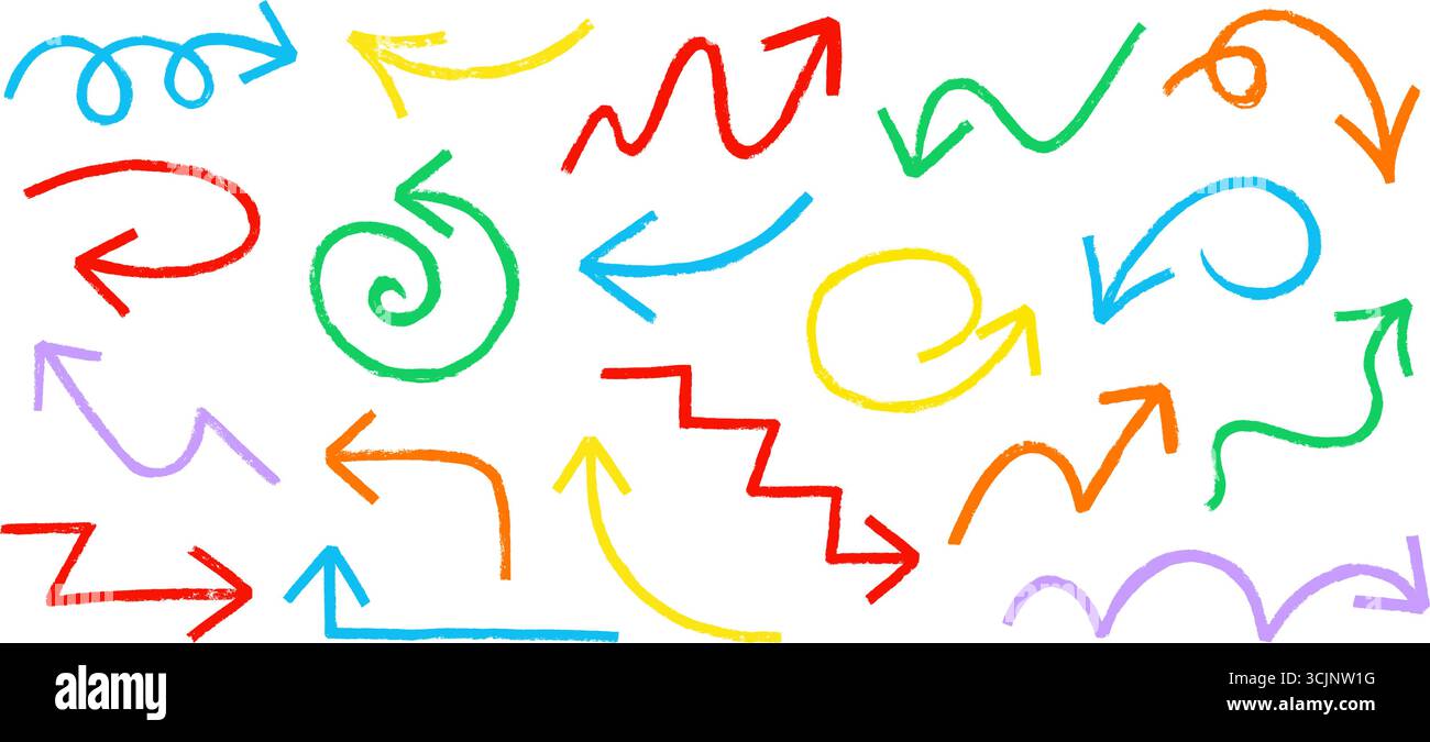 Kreide oder Kohle rustikale schmutzige Grunge Doodle Linie Pfeil Vektor Illustration Set. Stock Vektor