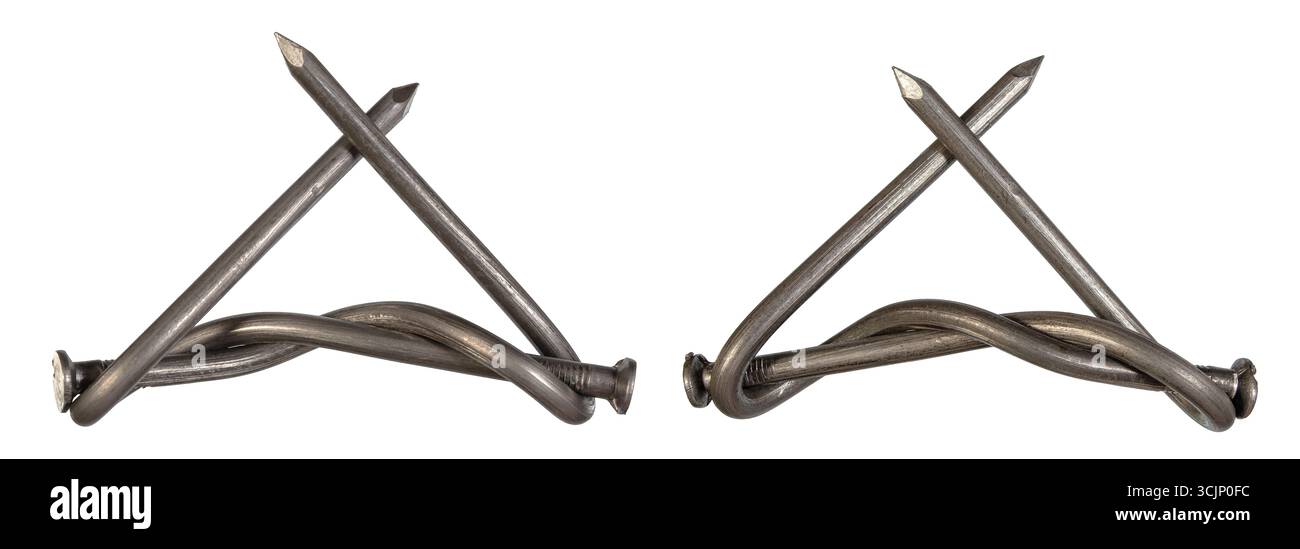 Handwerklich gefertigtes Metalldesign zeigt eine kreative Anordnung aus gebogenen und geraden Nägeln, die Handwerkskunst und Kreativität widerspiegelt. Stockfoto