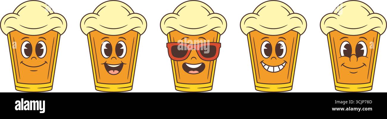 Leuchtend gelbes Cartoon-Bier-Maskottchen mit fröhlichen und verspielten Emotionen durch ausdrucksstarke Gesichtszüge, ideal für lustige und ansprechende Design p Stock Vektor