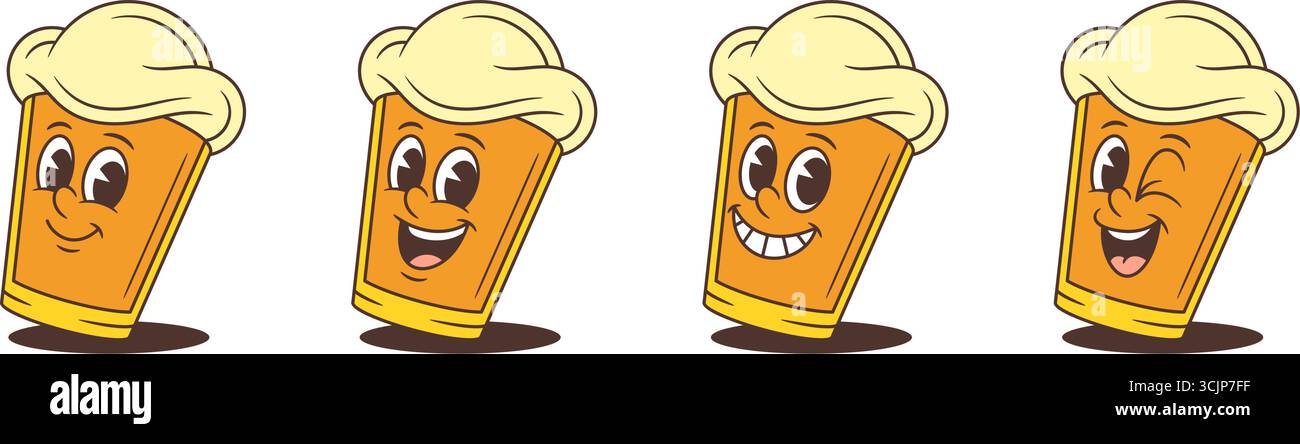 Hellgelbes Cartoon Bier Maskottchen Charakter leicht geneigt, drückt fröhliche Emotionen durch lebendige und verspielte Gesichtsausdrücke aus, perfekt für Chee Stock Vektor