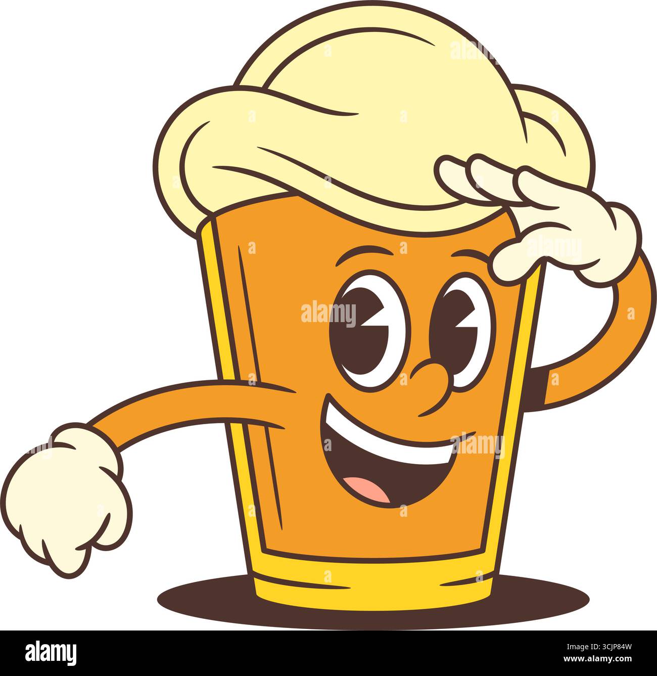 Hellgelbes Biermaskottchen in Form eines kleinen Glases mit einem großen schäumenden Kopf, der begeistert grüßt. Perfekt für Bierfeste und Werbematerialien Stock Vektor