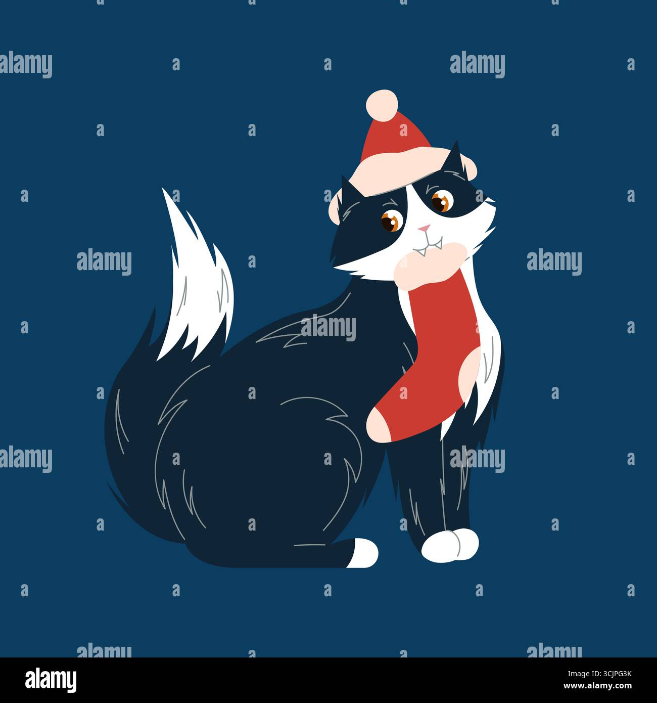 Niedliche schwarz-weiße Katze, die einen weihnachtsmann-Hut trägt, der einen roten Weihnachtsstrumpf im Mund hält, auf blauem Hintergrund festlicher flacher Weihnachtsstil. Stock Vektor