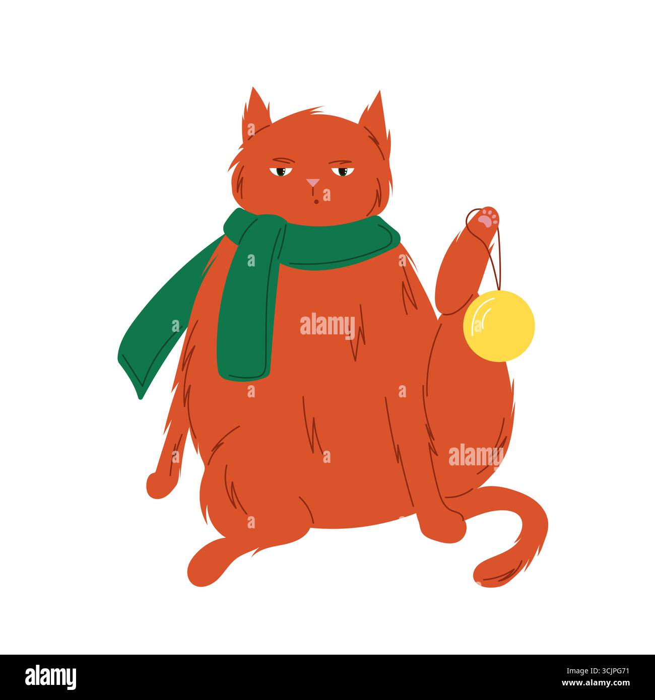 Niedliche rote Katze, die einen grünen Schal trägt und eine gelbe Weihnachtskugel auf weißem Hintergrund in festlicher flacher Weihnachtsfeierart hält. Stock Vektor