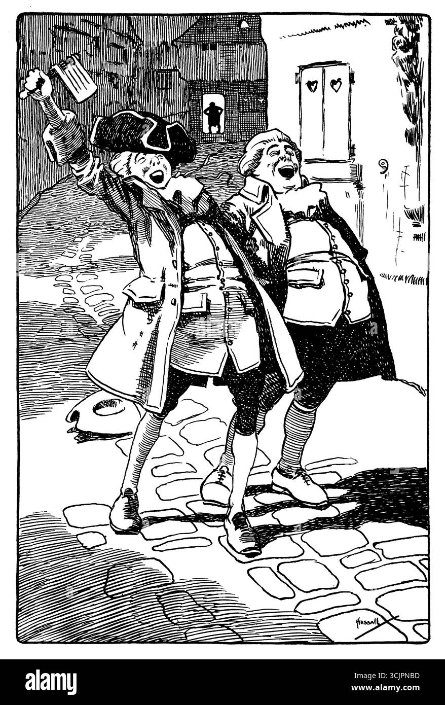 Die Stadt, allgemeine Fröhlichkeit, humorvolle Karikatur der Nachtschwärmer aus dem 18. Jahrhundert des englischen Illustrators John Hassall Stockfoto