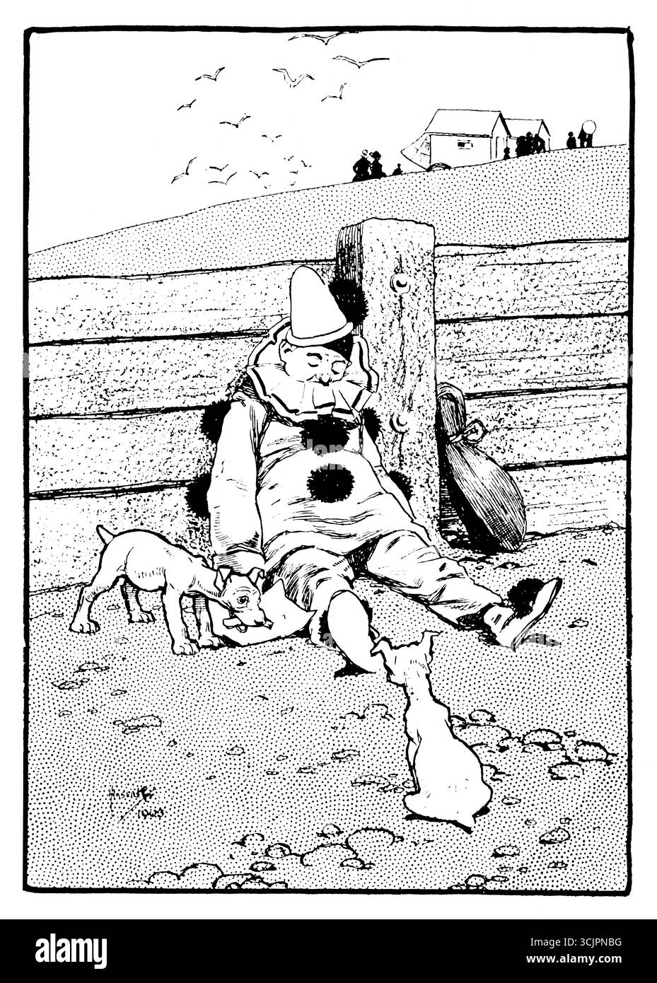 Pierrot’s Lunch, 1903 humorvoller Cartoon des Clowns, der nach dem Essen am Strand schläft, vom englischen Illustrator John Hassall Stockfoto