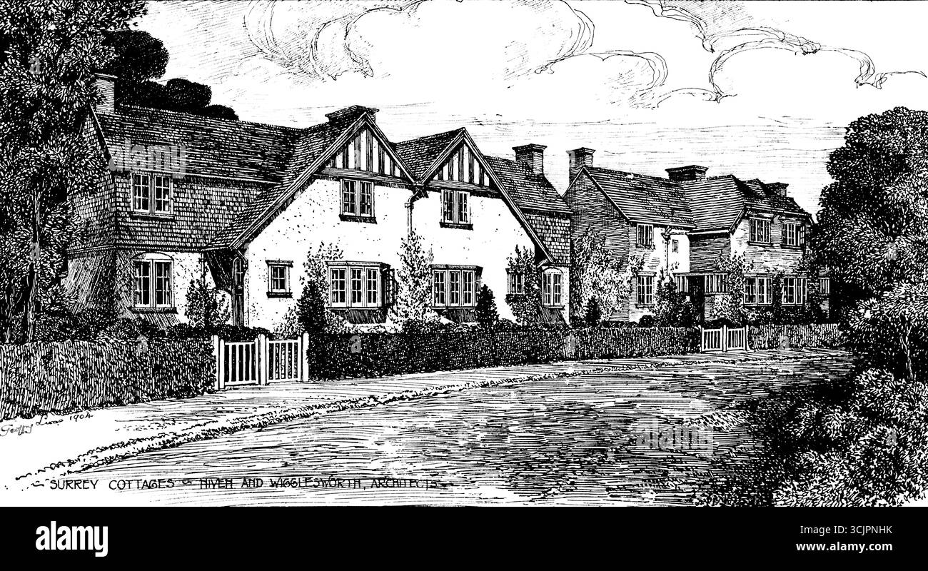 Arts and Crafts Architecture, Cottages in Byfleet, Surrey, entworfen von Niven und Wigglesworth, Architekten Stockfoto