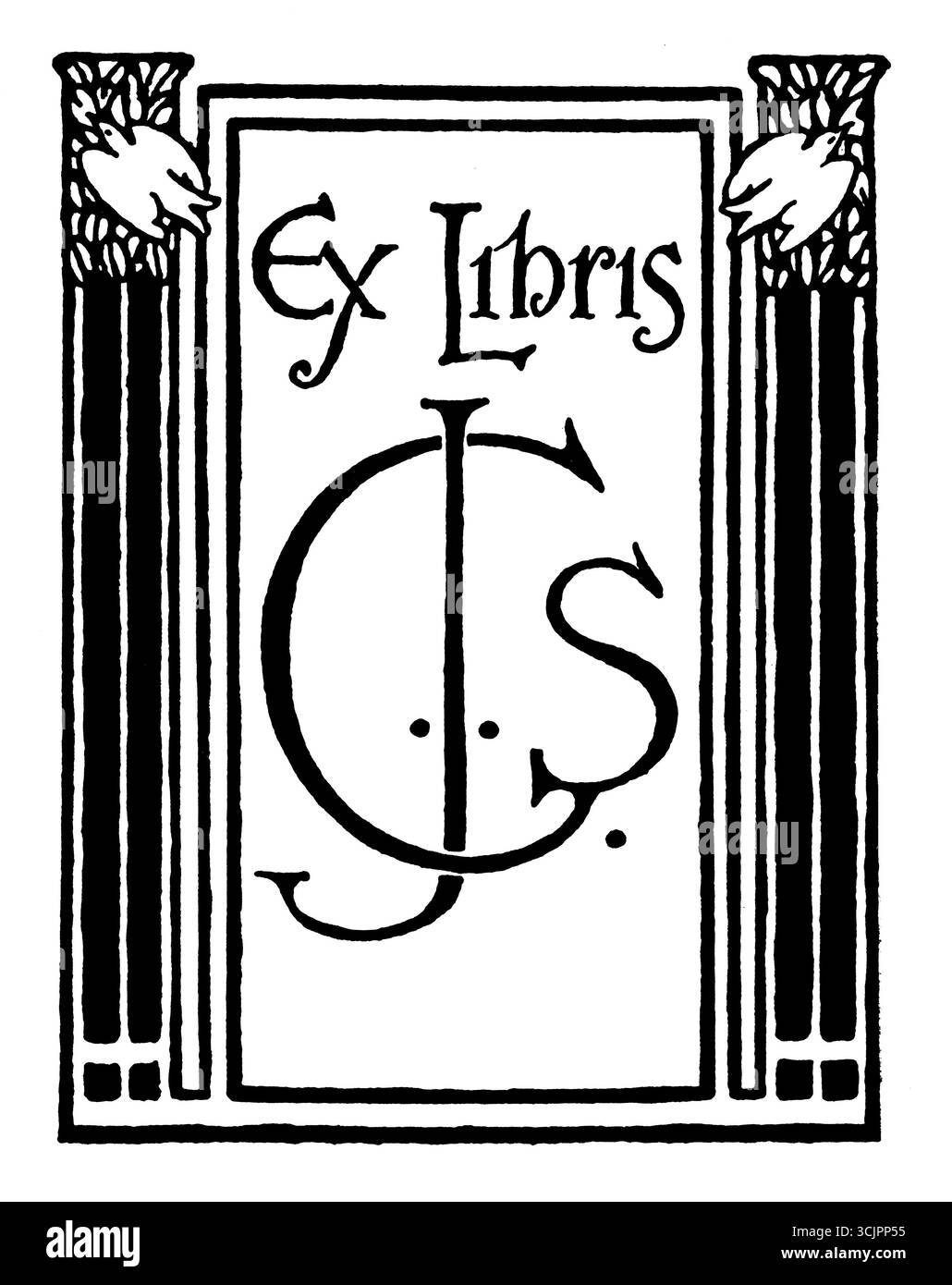 1906 CJS Initialen Bookplate Ex libris Design enthalten von Säulen und Tauben von S Calder Stockfoto