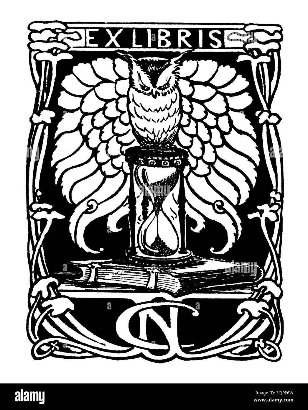 1906 NC Initialen WISE Eulen, Time Passing und Buchheft Ex libris Design von N C Bishop-Culpepper Stockfoto