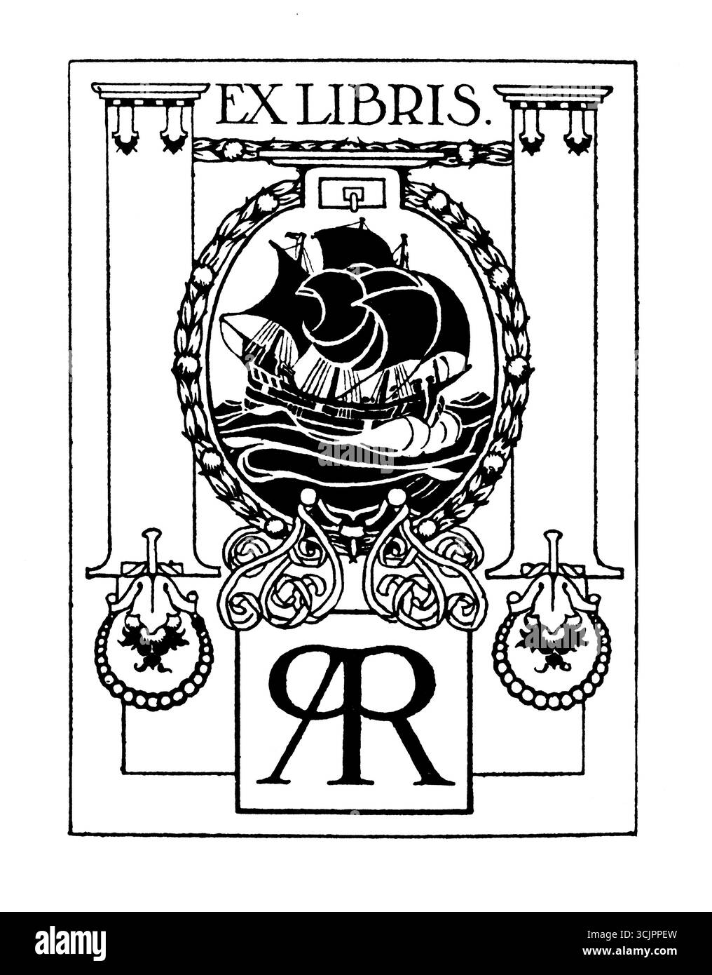 1906 A R Initialen Segelschiff Motiv Bookplate von H G Spooner Stockfoto