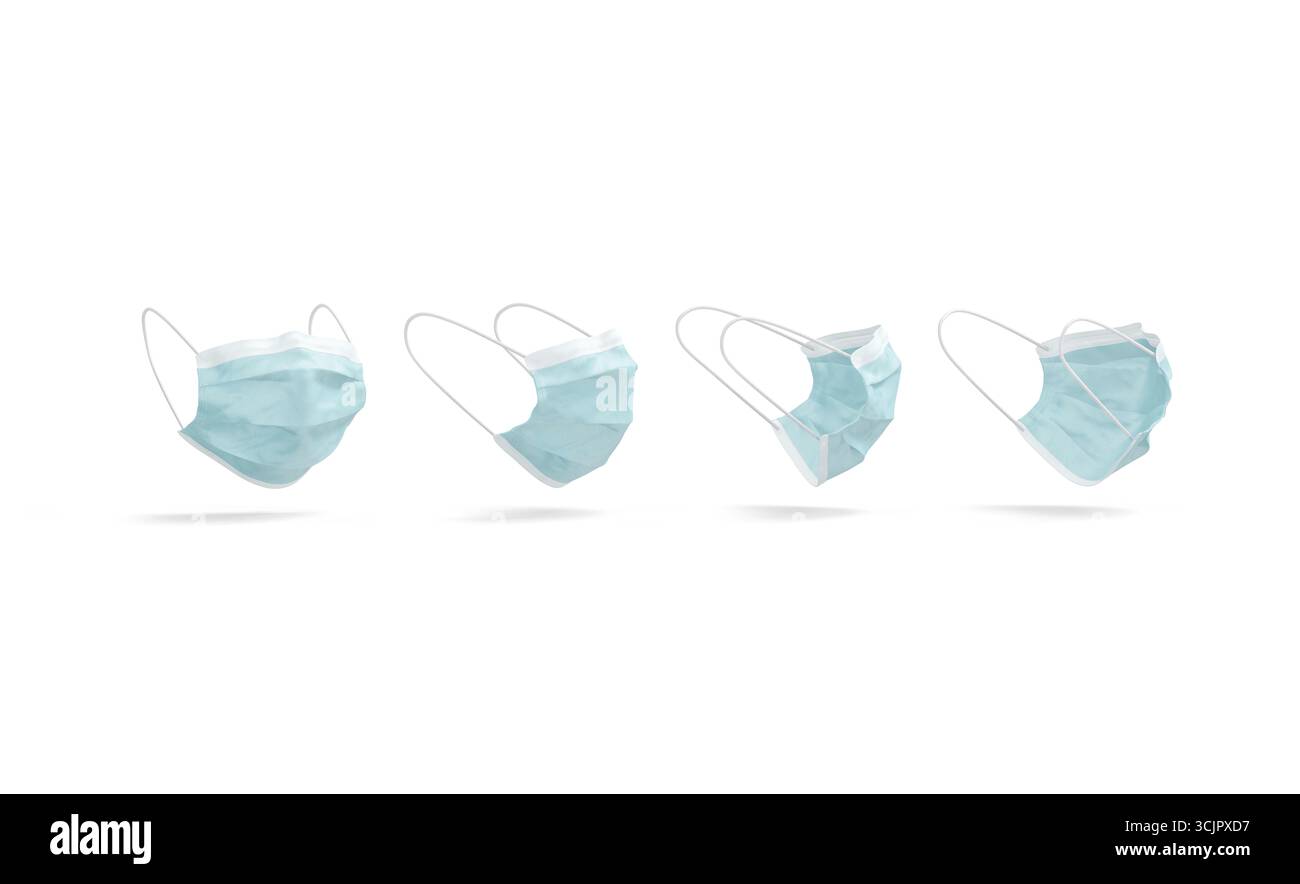 Leerer blauer Schutz medizinische Maske Modell, verschiedene Winkel Ansichten, 3D Rendering. Leere Einweg-Atmung für Arztmotiv isoliert. C Stockfoto