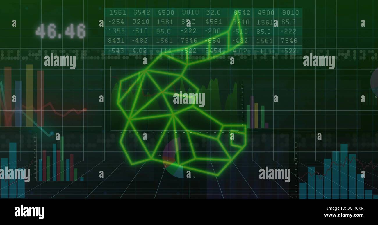 Anzeige eines neongrünen Bullensymbols, das über dem Rasterboden liegt, mit Tickern, Balkendiagrammen und Liniendiagrammen Stockfoto