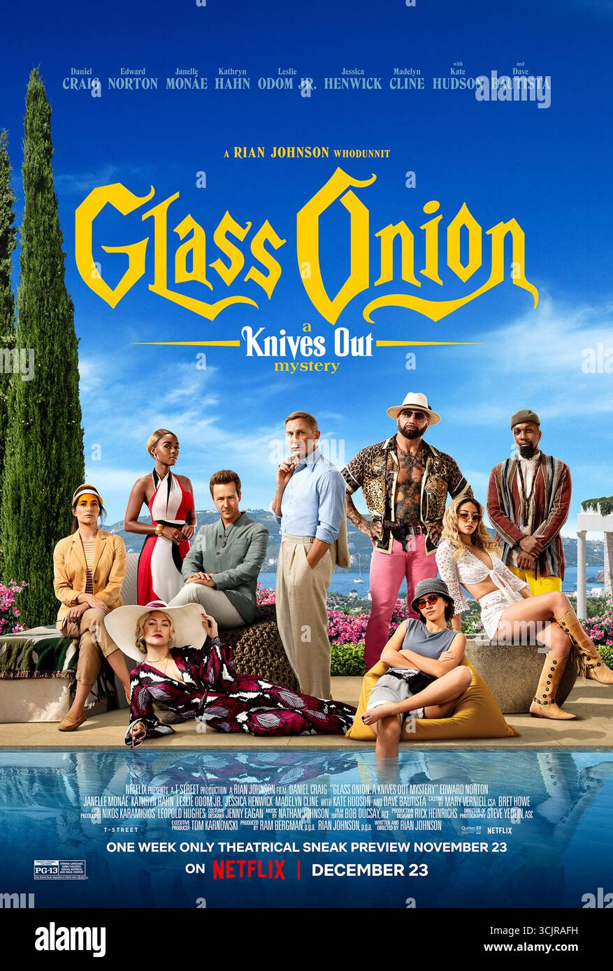 Glass Onion: A Knives Out Mystery (2022) von Rian Johnson mit Daniel Craig, Edward Norton und Janelle Monáe. Detective Benoit Blanc reist auf eine private griechische Insel, um die Mord-Mystery-Party eines Tech-Milliardärs zu besuchen, nur um sich in einen echten Fall mit versteckten Motiven, alten Freunden und tödlichen Geheimnissen zu verwickeln. US-Poster NUR FÜR REDAKTIONELLE ZWECKE. Kredit: BFA/Netflix Stockfoto