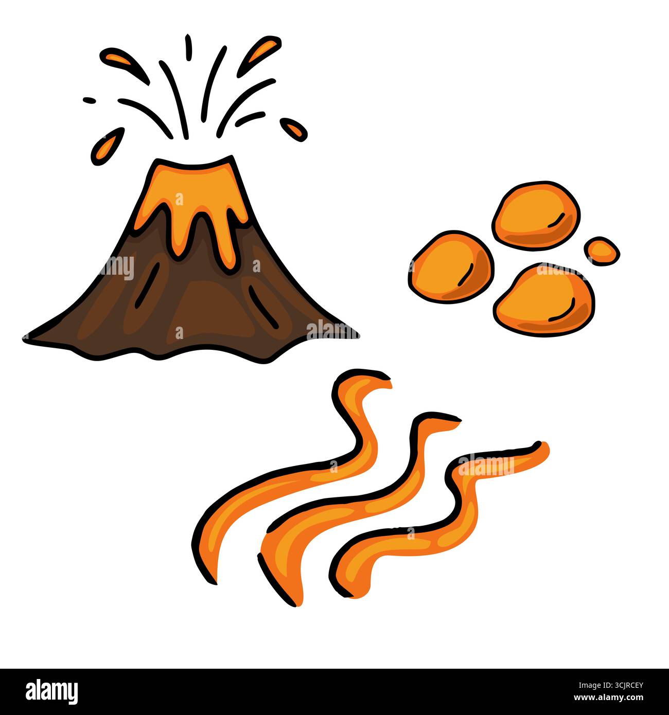 Eine verspielte Vektor-Illustration mit einem Comic-Vulkanausbruch, Lavaflüssen und vulkanischen Felsen, in handgezeichnetem Stil mit auffälligen Umrissen Stock Vektor