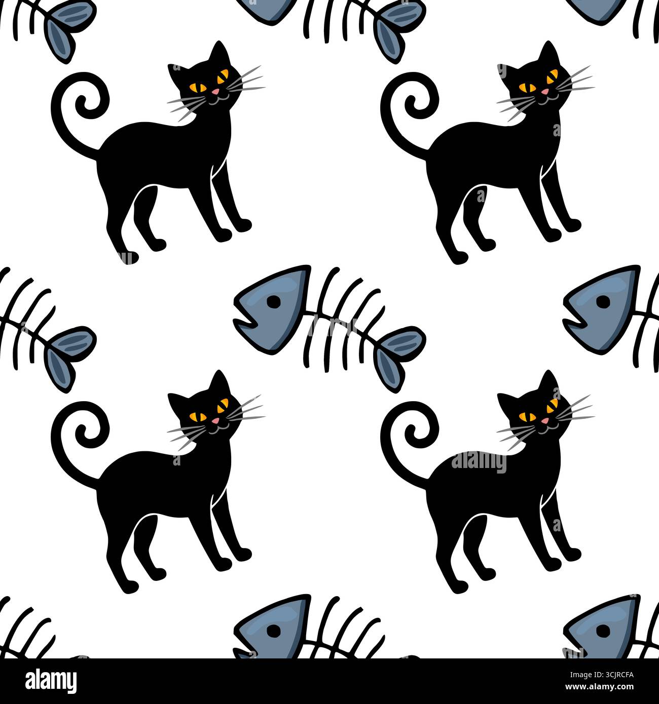Nahtloses Vektormuster mit stilisierten schwarzen Katzen mit gewellten Schwänzen und grauen Fischskeletten auf weißem Hintergrund, die eine verspielte und skurrile Atmosphäre schaffen Stock Vektor