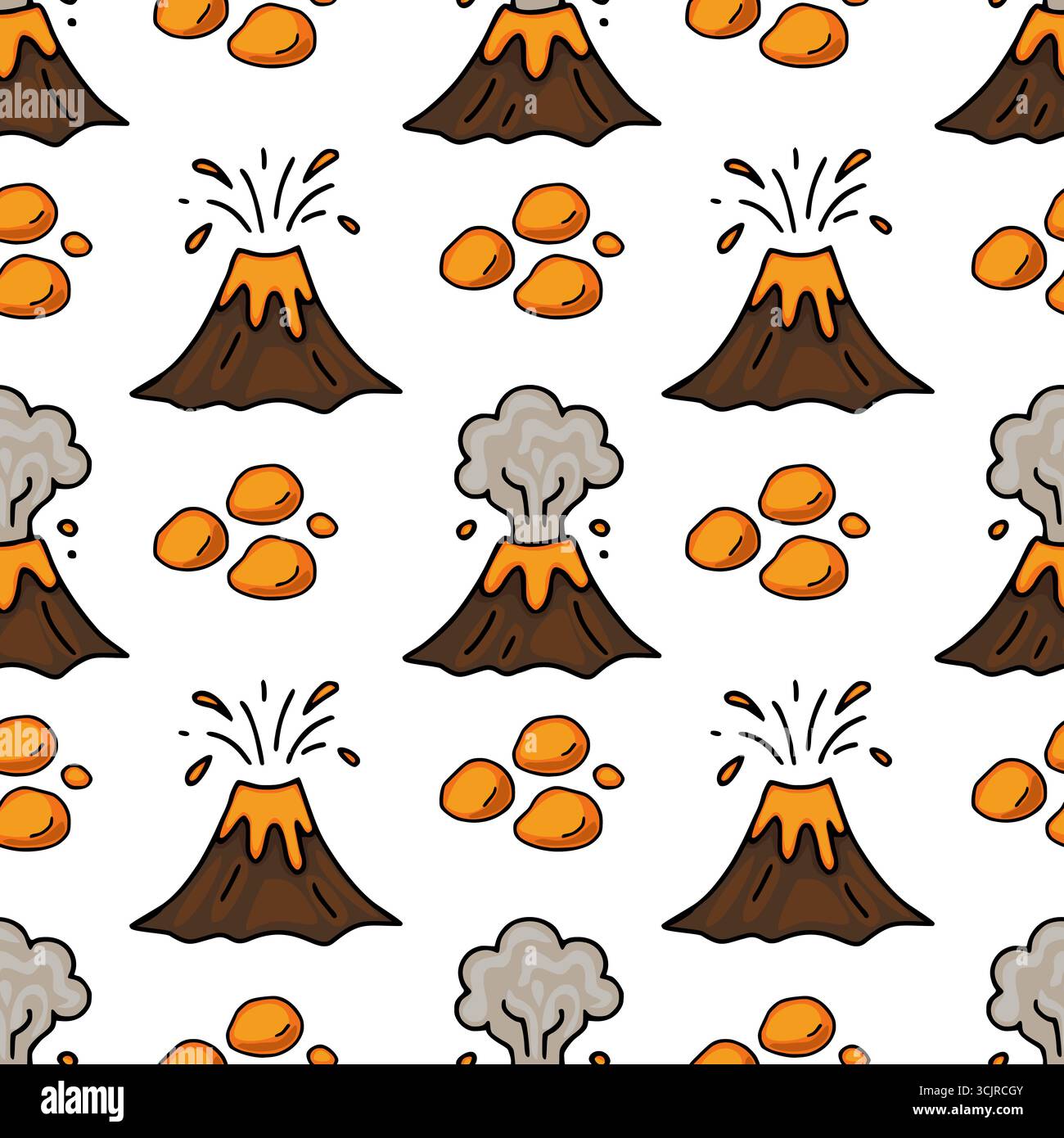 Nahtloses Vektormuster mit handgezeichneten Illustrationen von ausbrechenden Vulkanen, vulkanischen Felsen und Rauchfahnen in einem verspielten Cartoon-Stil mit oder Stock Vektor