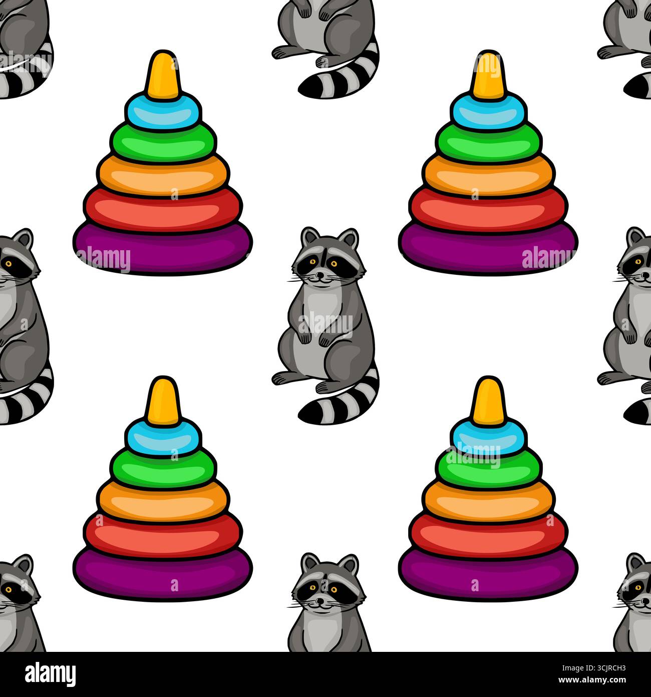 Nahtloses Vektormuster mit entzückenden Zeichentrick-Waschbären und bunten Stapelringen, perfekt für Kinder Textildesign oder verspielte Hintergründe. Stock Vektor