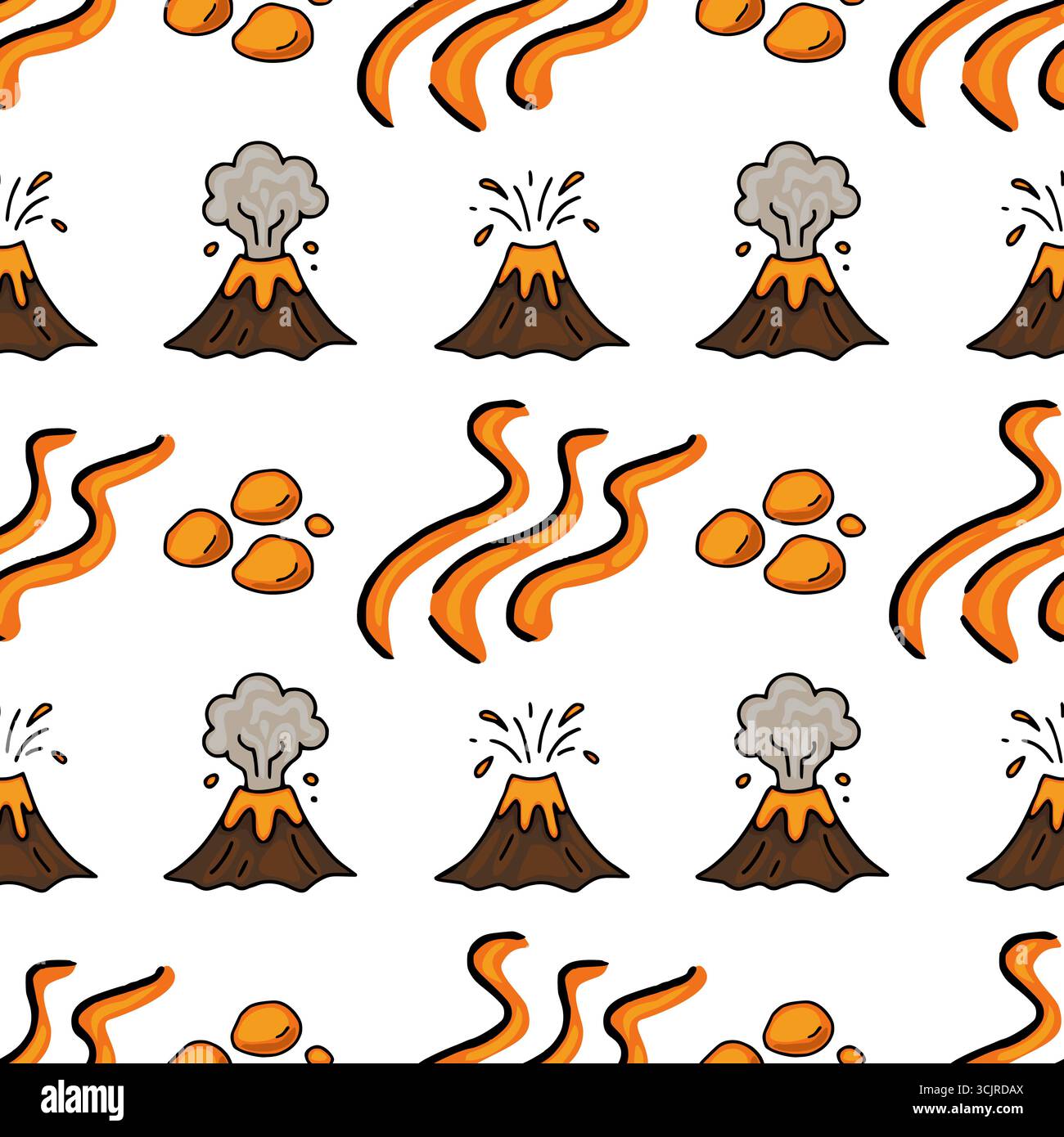 Nahtloses Vektormuster mit handgezeichneten Comic-Vulkanen, die Lava ausbrechen, fließende Flüsse aus Magma und vulkanische Felsen, die ein verspieltes und ener schaffen Stock Vektor