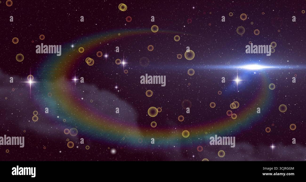 Der Regenbogenbogen durchquert den Weltraum mit Sternfeld, Nebel, Blasen und Sternbildern Stockfoto