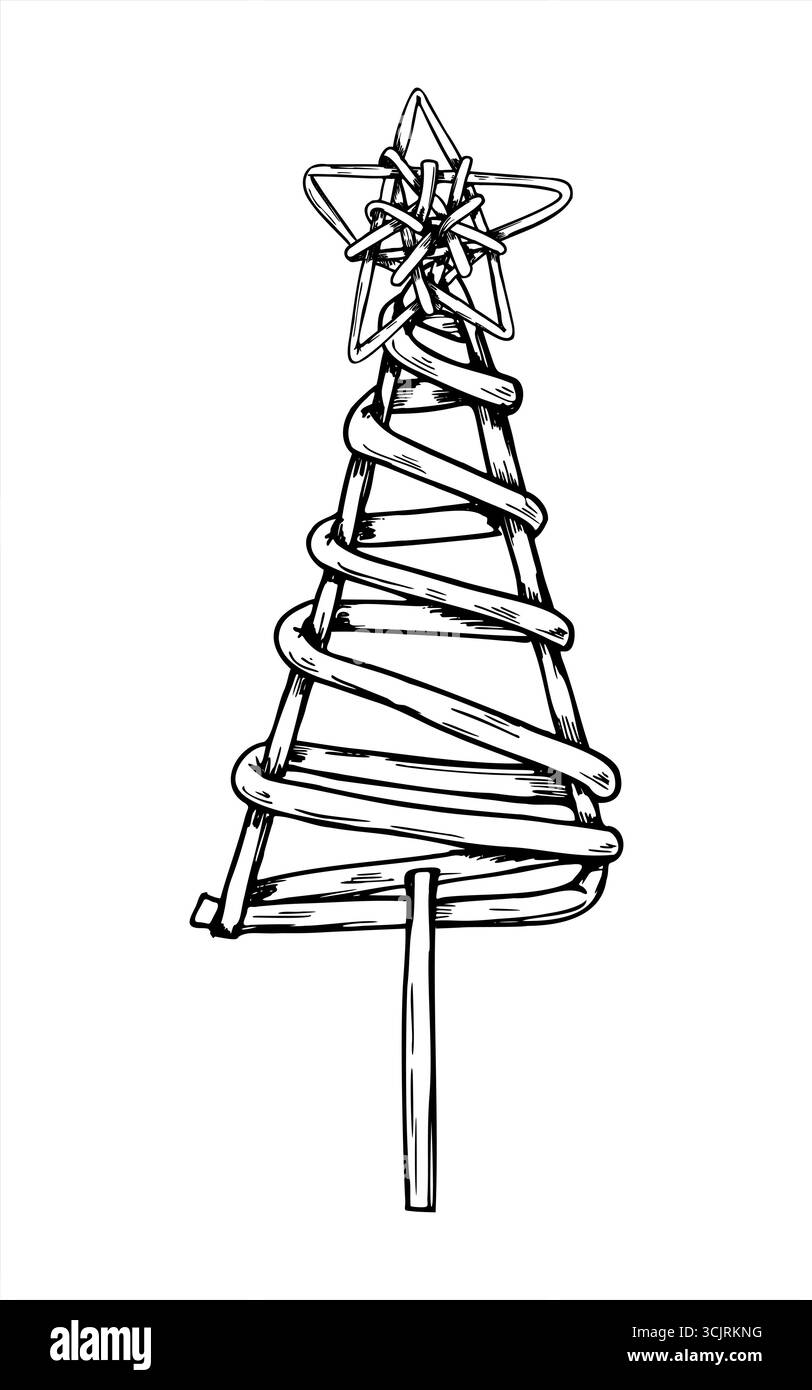Weidenweihnachtsbaum dekorierter Stern, aus gewebten Reben und Zweigen Vektorillustration gefertigt. Handgezeichnete schwarze Umrissskizze im Weihnachtsdekor Stock Vektor