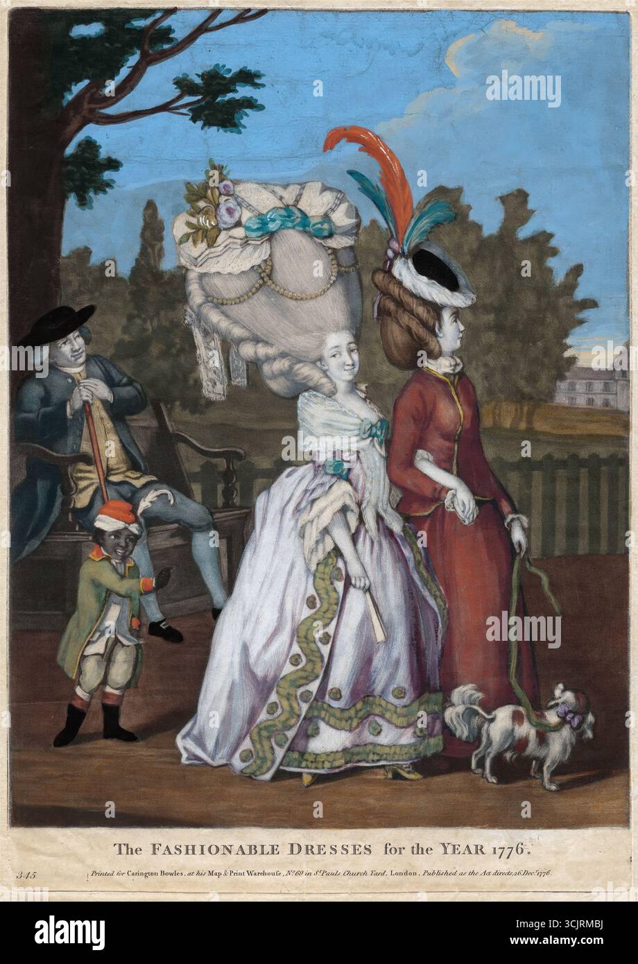 Ein Druck der modischen Kleider für das Jahr 1776, Aquarellätzung Mezzotint auf Papier aus dem 18. Jahrhundert, Kunstwerke aus der georgianischen Ära Stockfoto