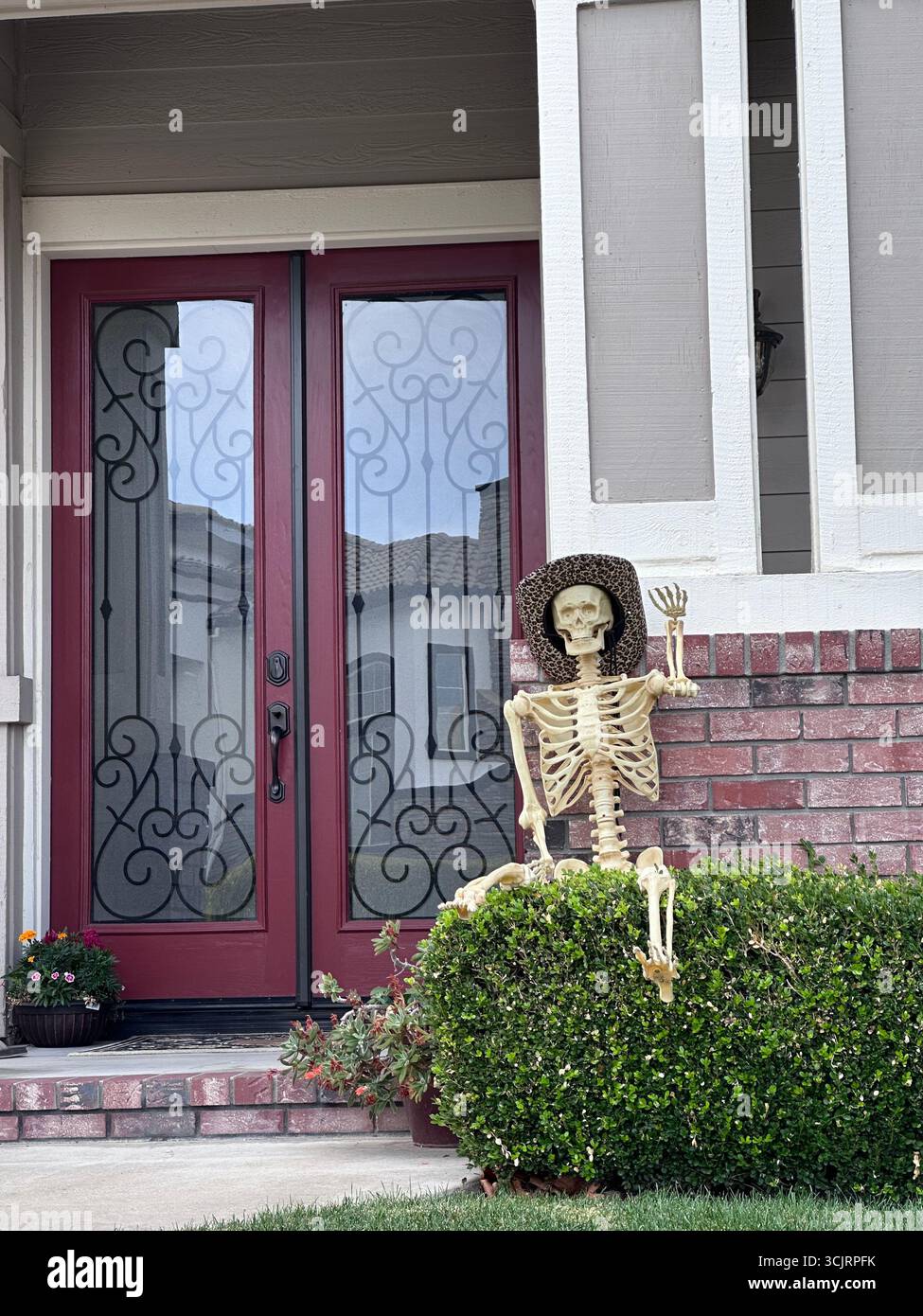 Ein dekoratives Skelett mit Hut sitzt am Vordereingang eines Vorstadts, das für Halloween-Feierlichkeiten gestaltet ist - Smartphone-aufgenommenes Stockfoto