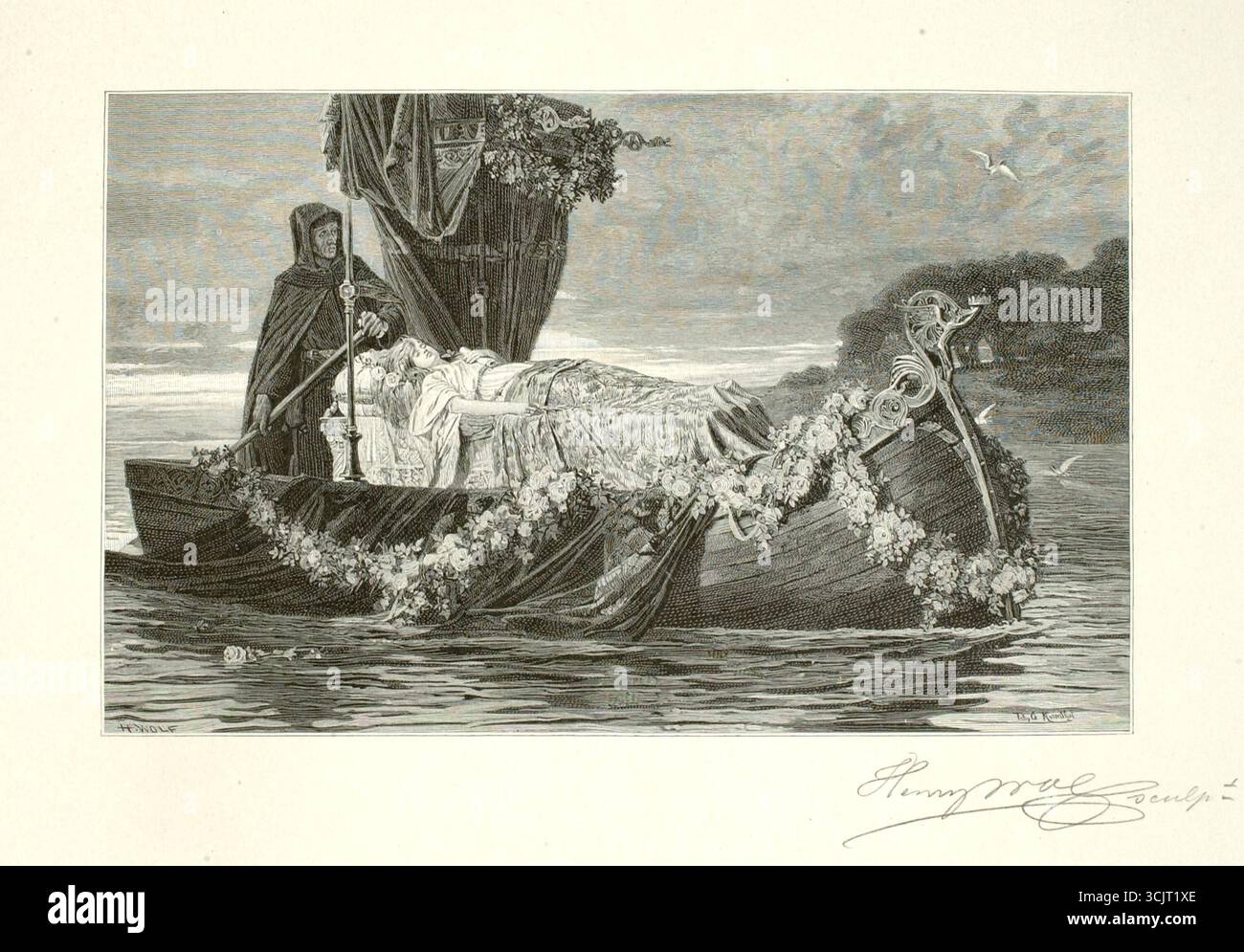 Historische Gravurkunstwerke mit dem Titel Elaine von Henry Wolf nach Toby Edward Rosenthal, veröffentlicht 1897. Fotomechanischer Holzstich auf Papier, der eine Szene aus Tennysons Idylls des Königs zeigt, mit Elaine auf einem Grabschiff. Stockfoto