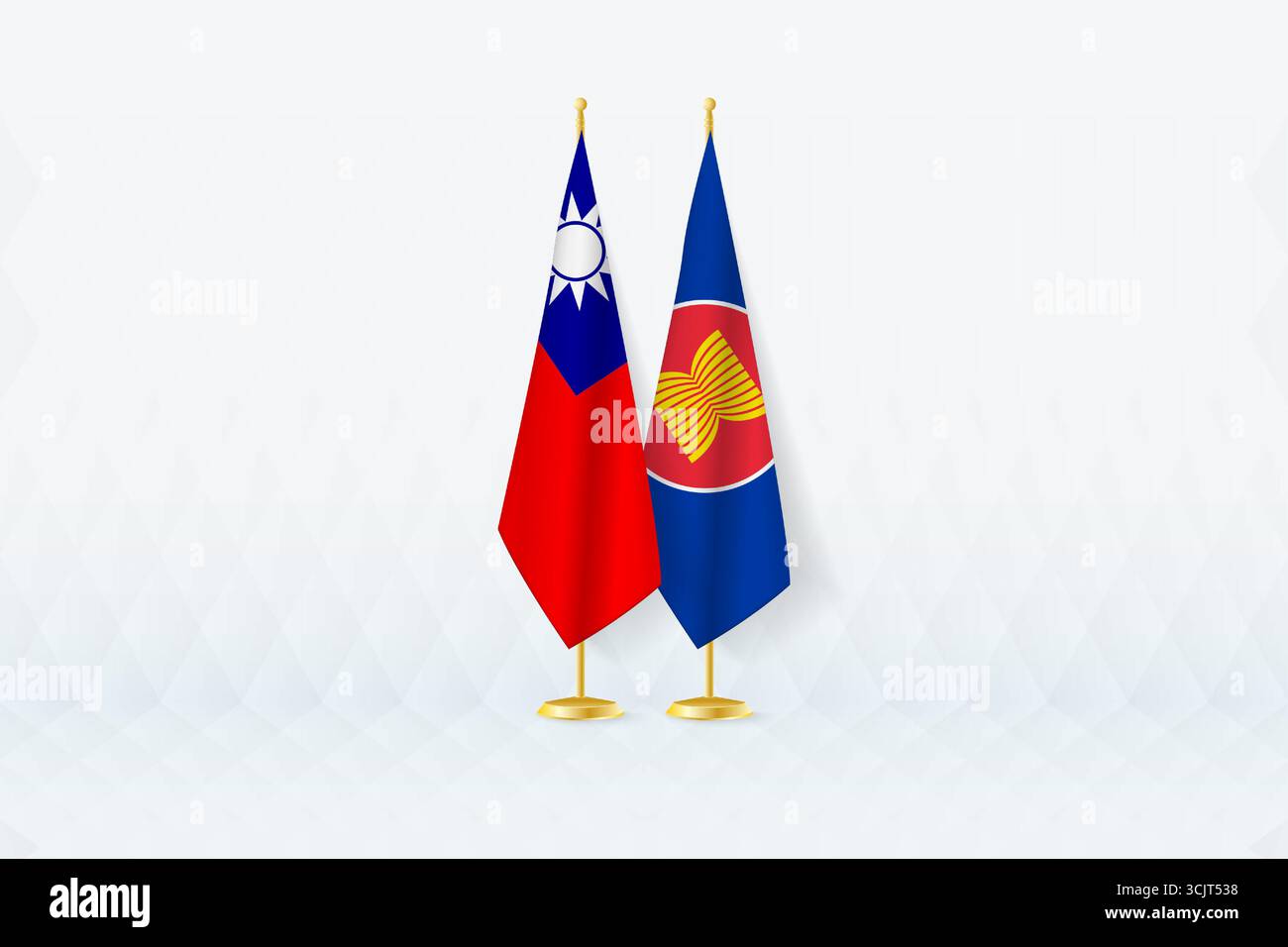 Taiwan- und ASEAN-Flaggen nebeneinander, Symbol für internationale Partnerschaft. Die Illustration symbolisiert Diplomatie, Partnerschaft und internationale Zusammenarbeit Stock Vektor