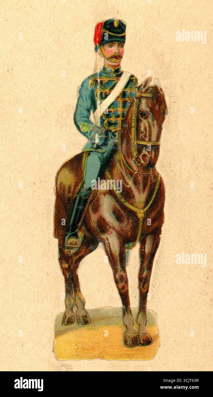 Original viktorianische geprägte Chromo-Diecut Decoupage Papierschrott aus dem viktorianischen Scrapbook des berittenen Soldaten in Militäruniform, um 1890, Großbritannien. Stockfoto