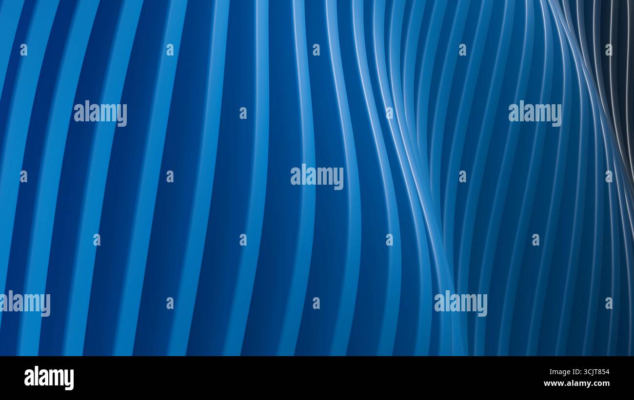 Eine horizontale abstrakte Tapete mit leuchtend blauen gekrümmten 3D-Streifen, die an fließende Wellen erinnern, entworfen für moderne Designprojekte, Technologiemusiken, Stockfoto