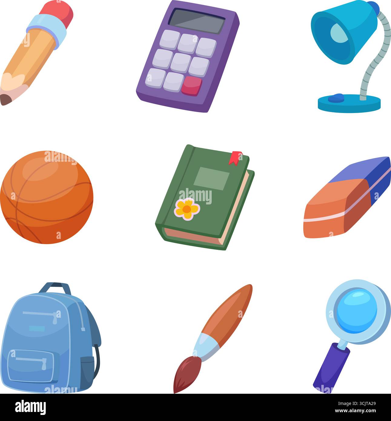 Schulartikel. Bücher Studenten liefert Werkzeuge Rucksack Notizen exakte Vektor stationäre Set Original-Grafik Stock Vektor