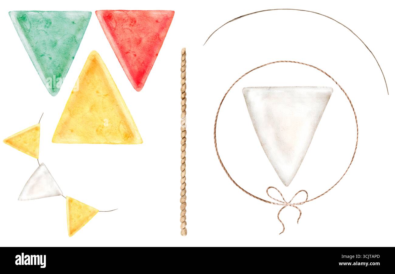 Clipart-Set mit Seilen, Fäden und Dreiecksfahnen in Grün, Rot, Gelb und weiß. Perfekt für die Herstellung individueller Fahnen, Banner und Partystati Stockfoto