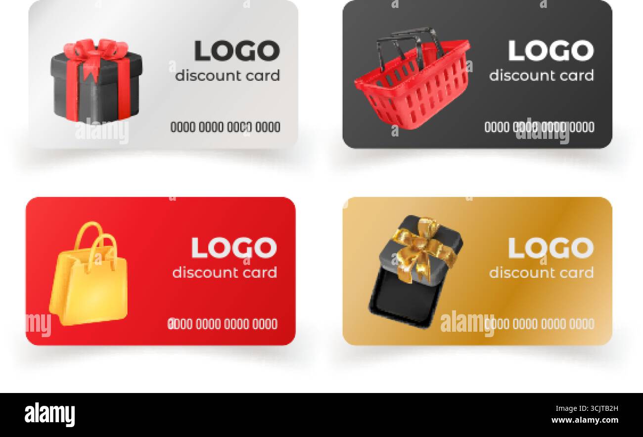 Realistische Rabattkarten. 3D-Gutschein, Bonuszertifikat Geschenkbox Shop Tasche Geschäft Belohnungskarte Rot Schwarz Silber Gold Gutscheine Set Luxus Regular c Stock Vektor