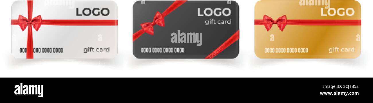 Realistische Geschenkgutscheine. Gutschein-Shop-Karte mit roter Satinschleife, Bonuszertifikat, Luxus-Geschäft, Geschenk Silber-Gold-Schwarz-Coupon-Design-Rabatt loy Stock Vektor