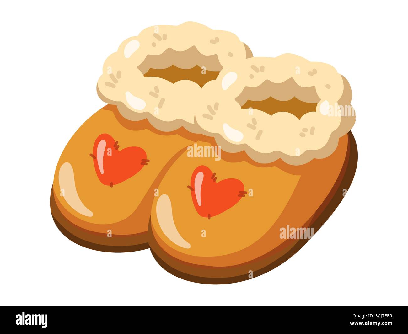 Hausschuhe mit Pelzbesatz und rotem Herzdetail. Bequeme Heimschuhe. Karikaturvektor isolierte Illustration auf weißem Hintergrund. Stock Vektor