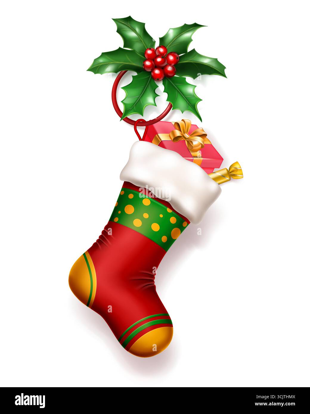 Ein leuchtend roter Weihnachtsstrumpf mit weißem Bündchen, gefüllt mit einem gewickelten Geschenk und Süßigkeiten, verziert mit einem stechpalmenzweig, mit weichem Schatten auf weißem Hintergrund Stock Vektor
