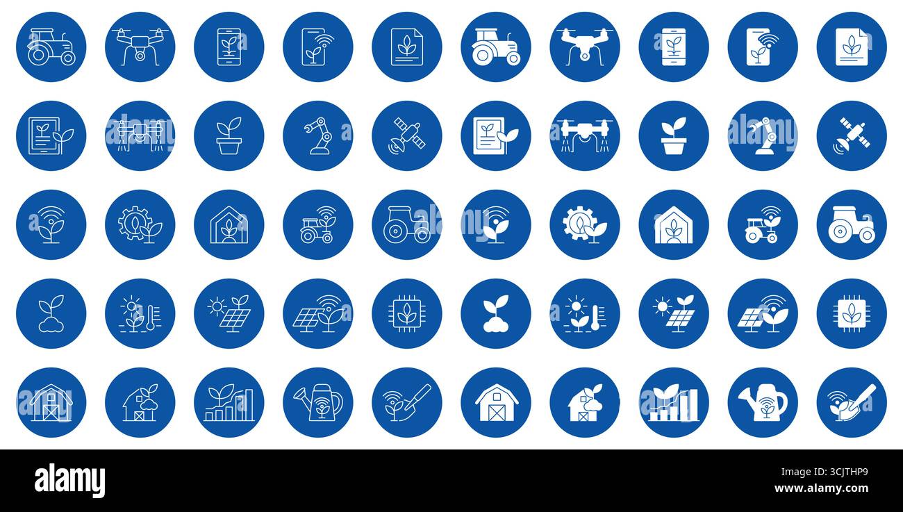 Verschiedene Symbole für die Landwirtschaft mit landwirtschaftlichen Geräten, Pflanzen und moderner Technologie. Perfekt für die Illustration von Konzepten in der Landwirtschaft, Nachhaltigkeit Stock Vektor