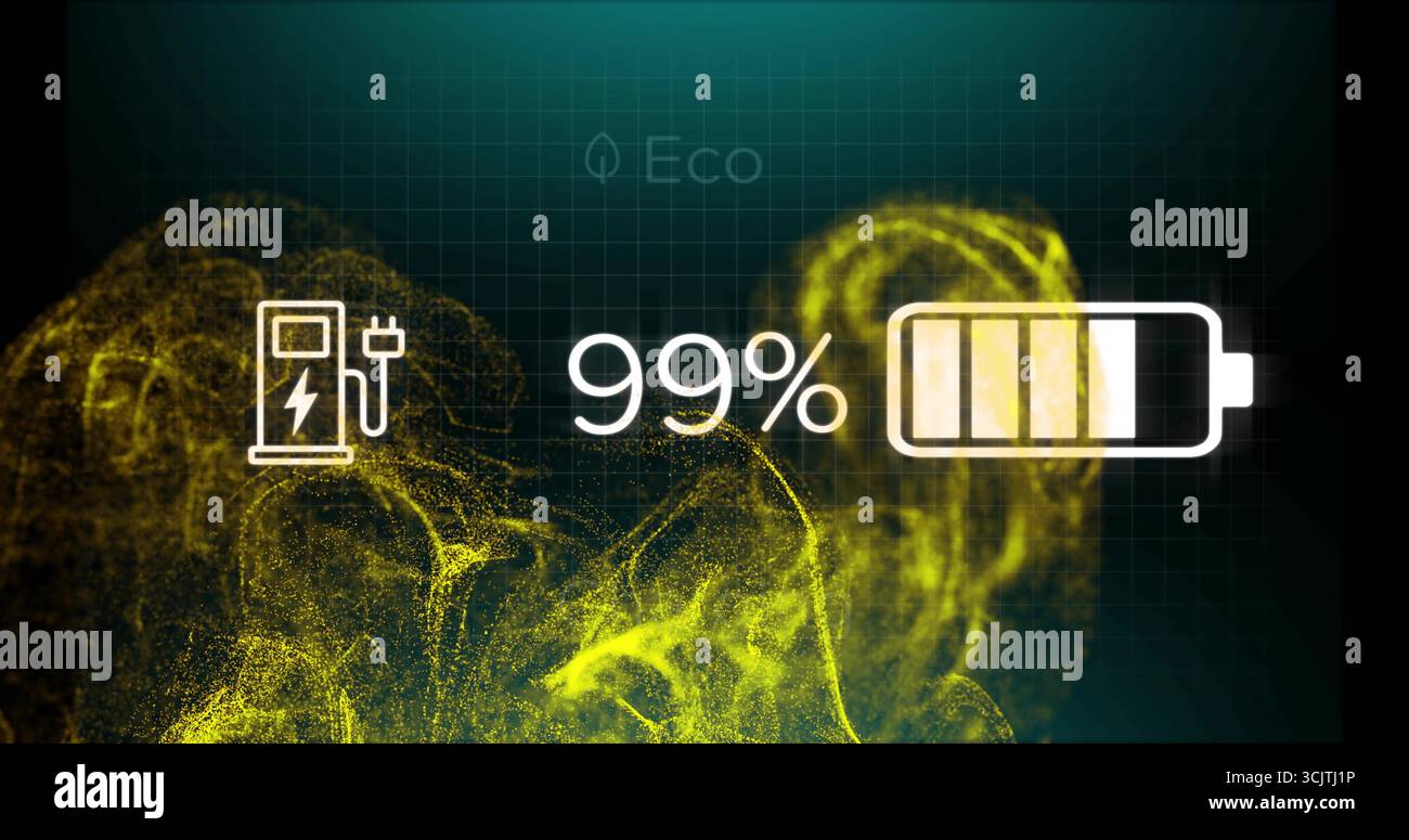 Anzeigen des Ladestatus im digitalen Raster, mit EV-Symbol, Eco-Leaf-Symbol und 99 %-Batteriesymbol Stockfoto