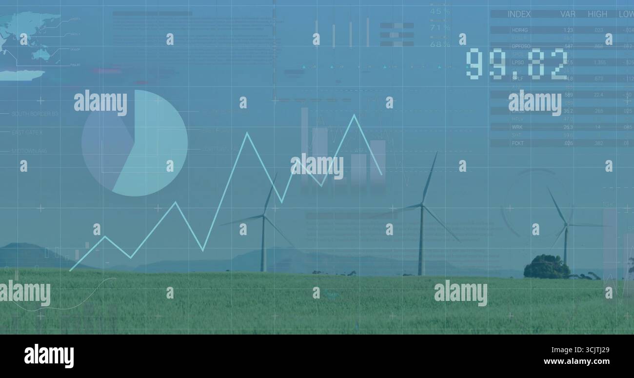Anzeige von Windturbinen, die bei klarem Himmel im Feld stehen, mit Weltkarte, numerischer Anzeige 99 Stockfoto