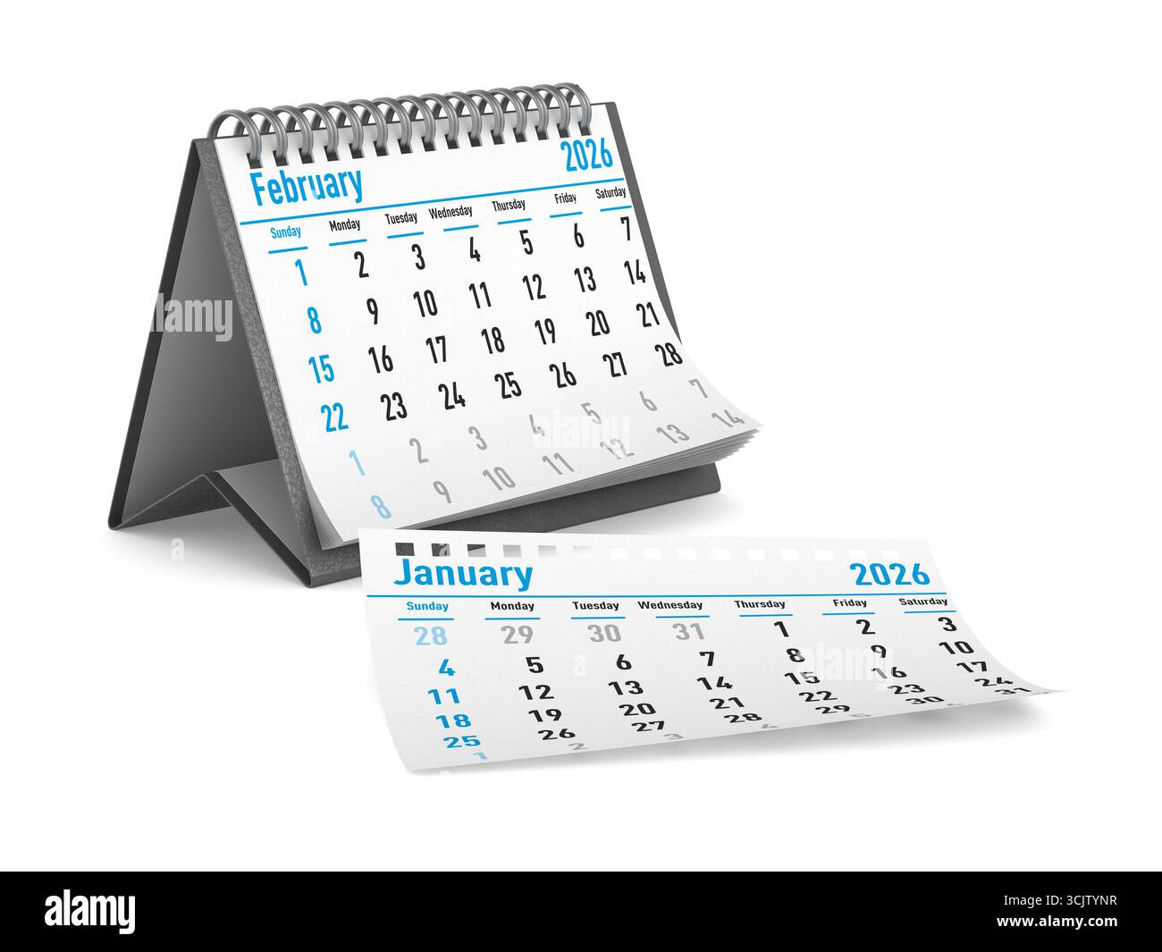 2026 Jahre. Kalender für Februar. Isolierte 3D-Darstellung Stockfoto