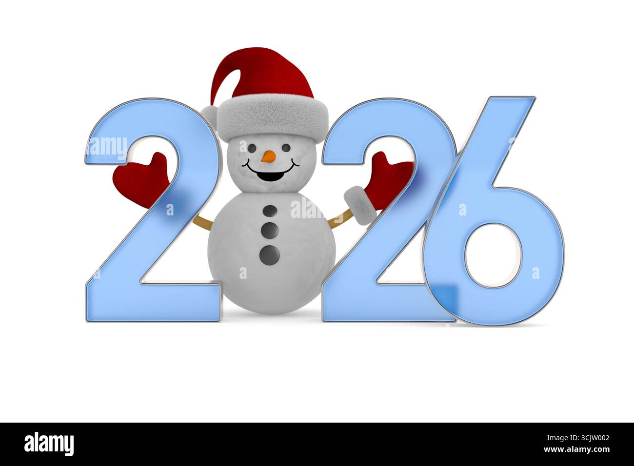 Neujahr 2026. Schneemann auf weißem Hintergrund. Isolierte 3D-Darstellung Stockfoto