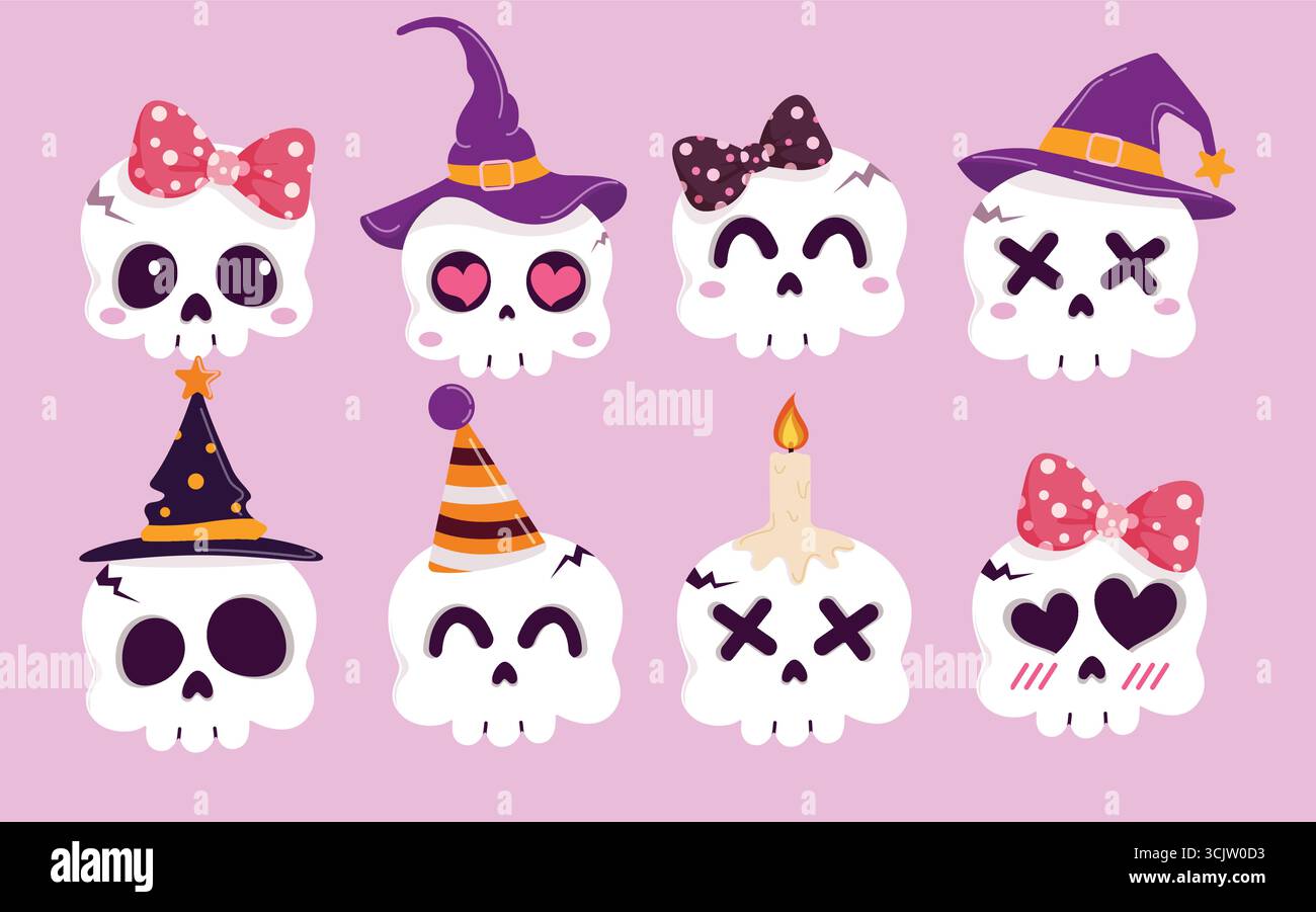 Clipart-Set mit niedlichem Skull-Charakter. Niedliche Skull-Figur- und Knochengesicht-Clip-Kunstkollektion mit gruseligen und lustigen Kostümen wie Hexenhut und Schleife Stock Vektor