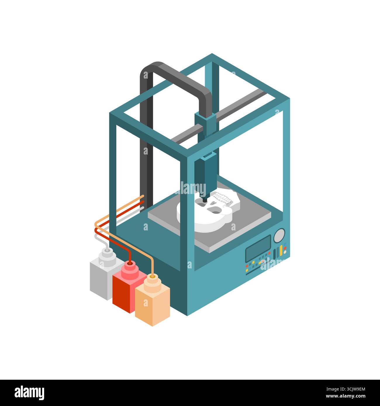Futuristischer 3D-Bioprinter, der einen menschlichen Schädel druckt, symbolisiert medizinische Innovation, Organdruck, Biotechnologie und die Zukunft des Gesundheitswesens. Stock Vektor